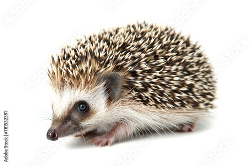 A detailed close-up photograph of a small hedgehog facing left, isolated on a white background, perfect for animal-themed projects