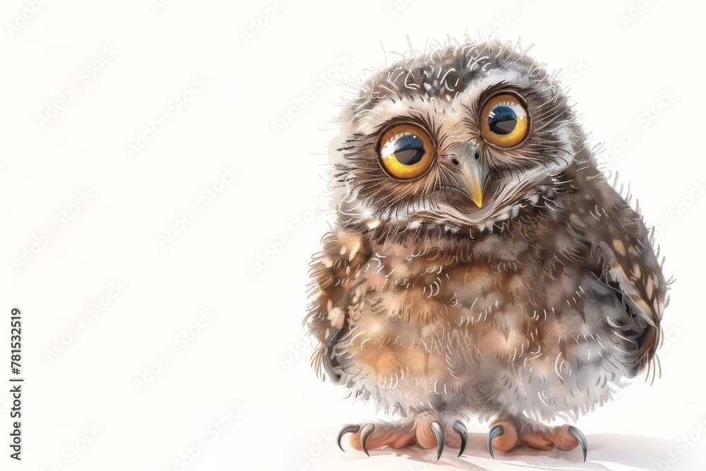 Fototapeta premium A heartwarming painting of a fluffy brown owl chick with oversized eyes emits an endearing innocence and vulnerability