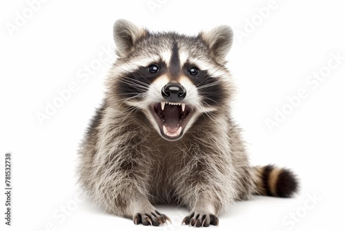 Inquisitive raccoon sitting with attentive eyes, looking away from the camera against a white backdrop, depicting wildlife curiosity