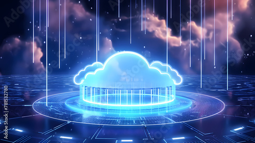 cloud computing technology concept transfer database to cloud. There is a prominent large cloud icon in the center and a small white icon on the connected polygons with a dark blue background. © Christian