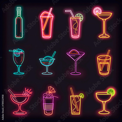 collection of neon cocktail icons, each representing a different type of drink, glowing in bright hues, ideal for adding a playful touch to cocktail bar signage and social media posts