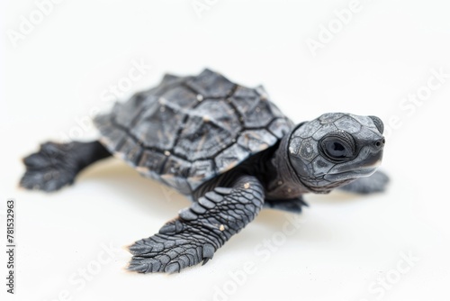 An intimate close-up depicting a baby sea turtle against a white background, highlighting the textures of its skin