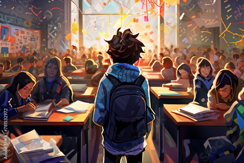 Boy child with backpack as students in school classroom for academic class public education system illustration