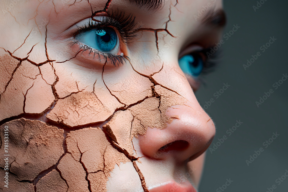 Portrait of a woman with completely dry, cracked skin resembling a desert landscape,close-up,concept,self-care,cosmetology,beauty industry