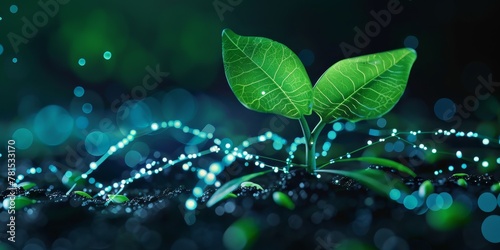 A small green leaf is growing in a dark, wet soil. The leaf is surrounded by a blurry, glowing background