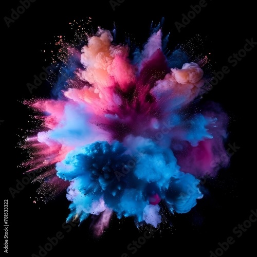 Abstract colored dust explosion on a black background. Abstract powder splatted background. Freeze motion of color powder exploding, throwing color powder, multicolored texture. High quality photo