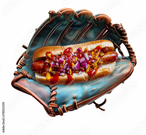blue leather baseball glove catching a hotdog, summer sport, past time, fun