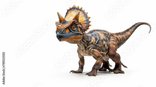 Detailed image of a baby Triceratops model with a textured body  presenting an animated stance as if exploring its surroundings