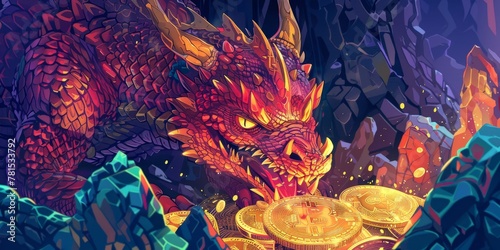 A red dragon is eating gold coins. The dragon is surrounded by rocks and the coins are scattered around it. Scene is adventurous and exciting, as the dragon is depicted as a powerful
