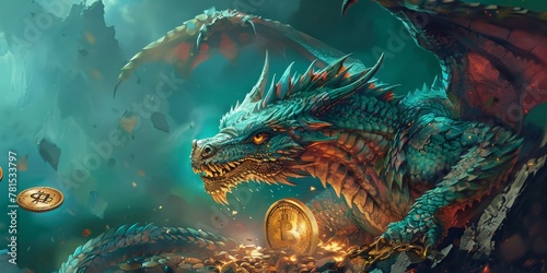 A blue dragon is laying on the ground with a pile of gold coins in front of it. The dragon appears to be guarding the treasure, and the scene gives off a sense of adventure and excitement