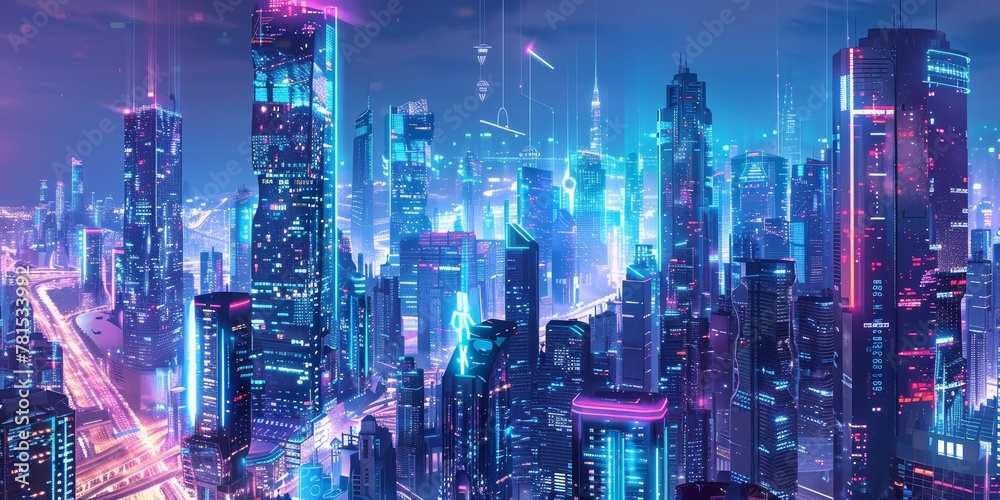 A cityscape with neon lights and buildings lit up in the night sky. Scene is futuristic and vibrant