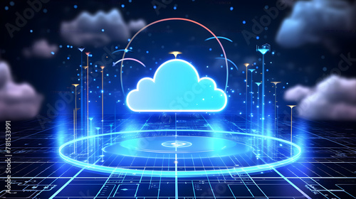 cloud computing technology concept transfer database to cloud. There is a prominent large cloud icon in the center and a small white icon on the connected polygons with a dark blue background.