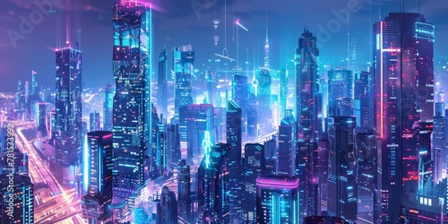 A cityscape with neon lights and buildings lit up in the night sky. Scene is futuristic and vibrant