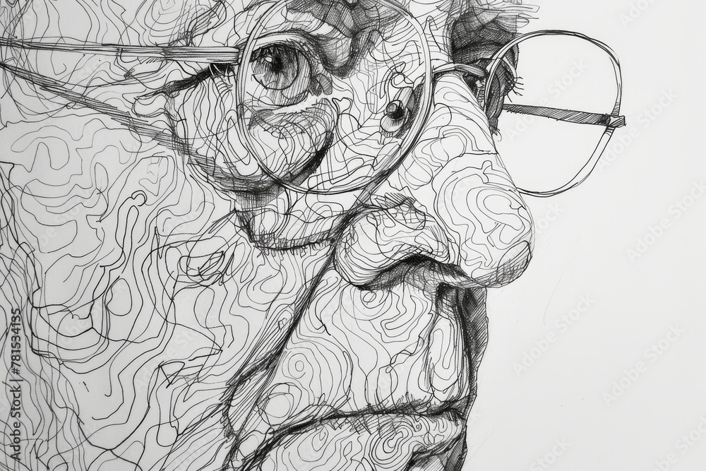 Fototapeta premium The detailed line pattern around the eye and the glasses reflects the complexity and experience inherent in the wise gaze of an elder