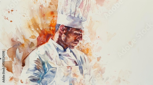 A vibrant watercolor painting of a chef in uniform, with expressive color splashes representing culinary creativity and passion