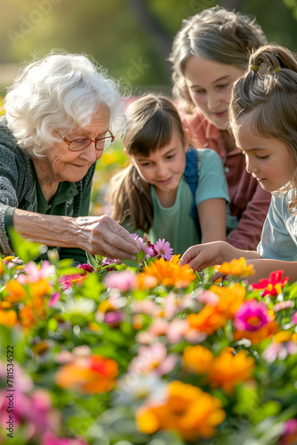 vertical image of Grandmother and Grandchildren in a colorful flowers Garden
