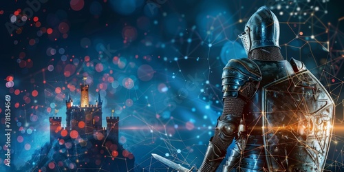 A knight stands in front of a castle, ready to defend it. The castle is surrounded by a blue and purple sky, with a few stars visible in the background. The knight is wearing a suit of armor