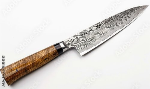 Japanese chefs knife made of damascus steel with a sharp blade and intricate pattern on the blade There is an elegant wooden han