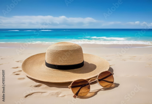 Summer holiday concept. Accessories - bag  straw hat  sunglasses  palm trees  pareo  flip-flops on a sandy beach against the background of the ocean 