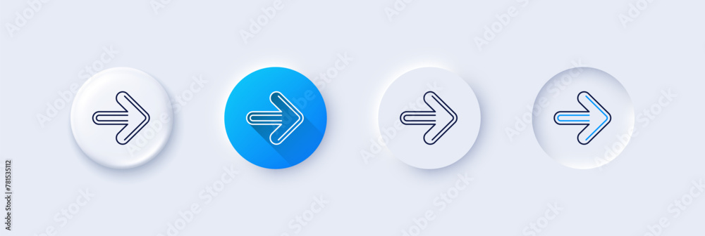 Next arrow line icon. Neumorphic, Blue gradient, 3d pin buttons. Forward Arrowhead symbol. Navigation pointer sign. Line icons. Neumorphic buttons with outline signs. Vector Next arrow line icon. Neumorphic, Blue gradient, 3d pin buttons. Forward Arrowhead symbol. Navigation pointer sign. Line icons. Neumorphic buttons with outline signs. Vector