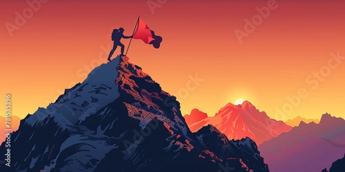 A man is standing on a mountain top  holding a flag and a flagpole. The flag is red and white. Concept of accomplishment and triumph  as the man has reached the summit of the mountain