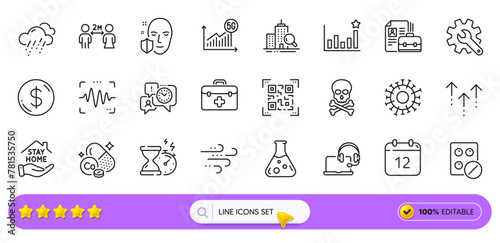 Windy weather, Customisation and Chemistry lab line icons for web app. Pack of Cobalt mineral, Qr code, Annual calendar pictogram icons. Rainy weather, Time management, Medical tablet signs. Vector