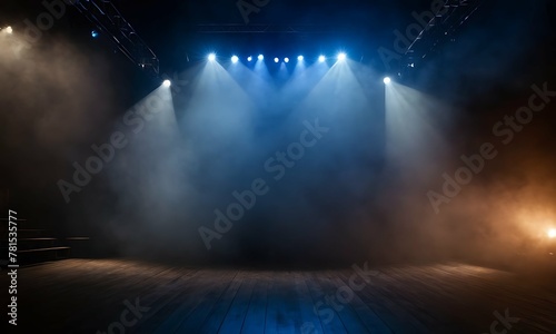 Empty stadium stage at night. Dramatic scene lights with dark background. Smoke fills the air  catching beams of light. Powerful spotlight  symmetry view on stage
