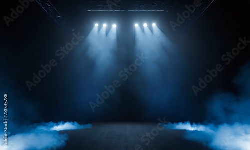 Empty stadium stage at night. Dramatic scene lights with dark background. Smoke fills the air, catching beams of light. Powerful spotlight, symmetry view on stage