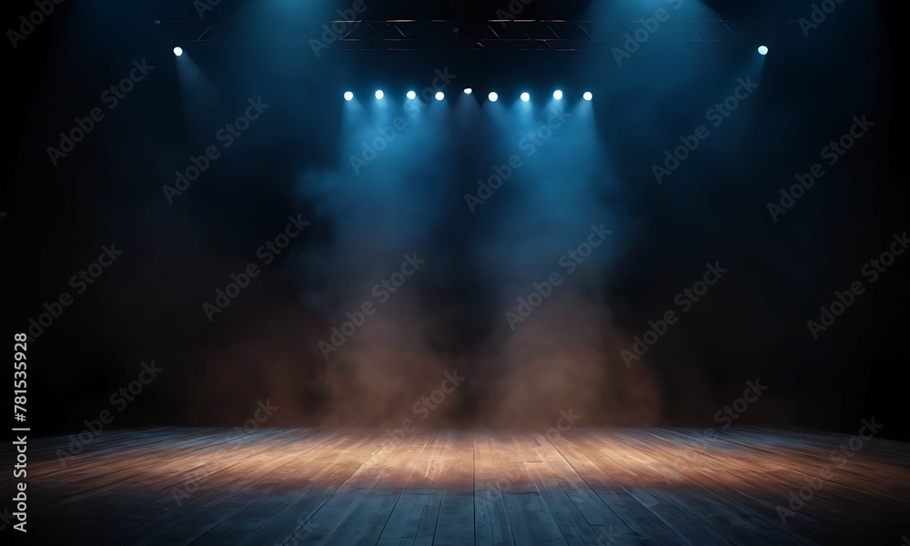 Empty stage, dark void filled with swirling smoke. Spotlights pierce the darkness, casting dramatic shadows and illuminating sections of the floor