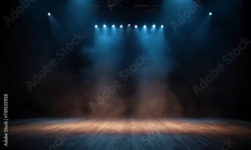 Empty stage, dark void filled with swirling smoke. Spotlights pierce the darkness, casting dramatic shadows and illuminating sections of the floor © nocstic
