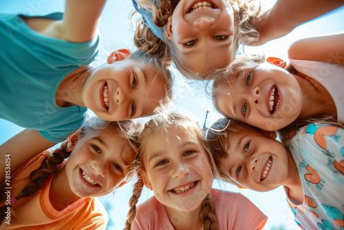 Low angle portrait of a group of happy children on a summer day with the blue sky in the background. Friendship  childhood and fun.