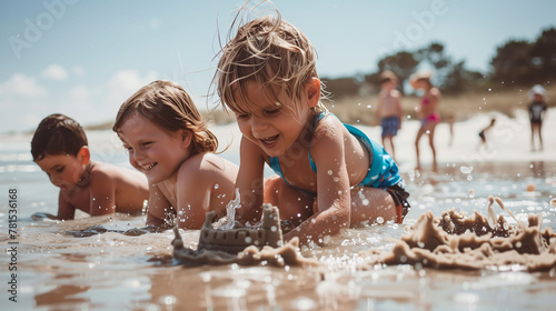 A group of happy children making sand castles on the beach in summer. Vacations, beach and summer games. #781536168