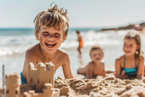 A group of happy children making sand castles on the beach in summer. Vacations, beach and summer games.