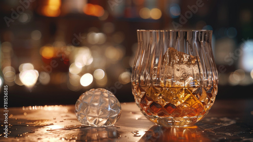 In stunning 8k resolution and shot on film, this art piece beautifully captures the elegance of a whiskey glass with ribbed patterns, containing onethird of the spirit alongside a large ice ball photo