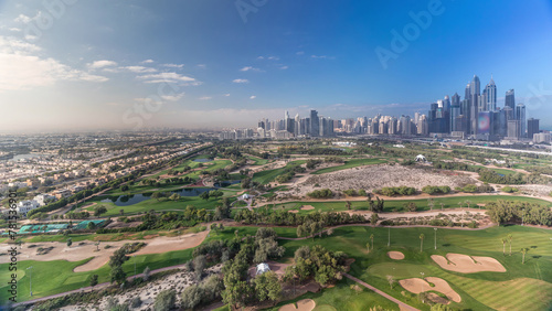 Photography Dubai Marina skyscrapers and golf course morning timelapse, Dubai, United Arab E
