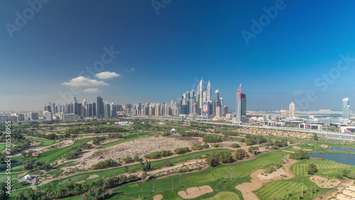 Photography Dubai Marina skyscrapers and golf course morning timelapse, Dubai, United Arab E