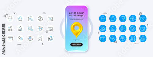 Phone mockup with 3d map pin icon. Phone image, Petrol station and Money currency line icons. Pack of Mute, Fire energy, Petrol canister icon. Delivery, Refresh, Face recognition pictogram. Vector