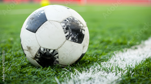 A soccer ball is sitting on the grass next to a white line. The ball is black and white  and it is dirty. The scene suggests a casual  relaxed atmosphere  as the ball is not in use