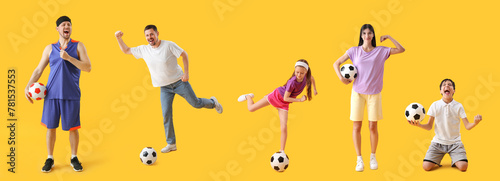 Set of people playing with soccer balls on yellow background