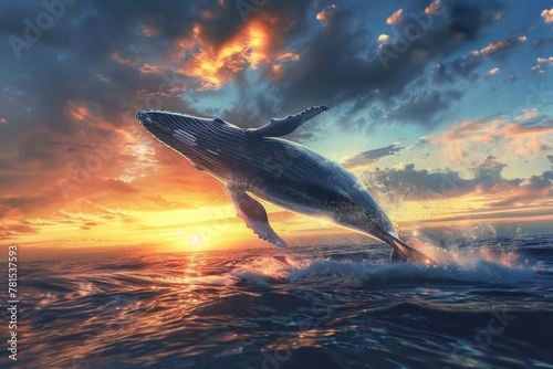 A frolicking whale jumps out of the water in the northern waters of the ocean photo