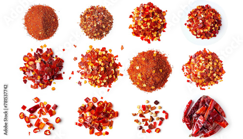 Collage of red chili flakes on white background, top view photo