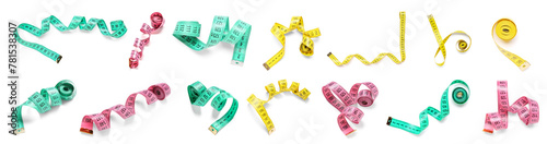 Collage of color measuring tapes on white background photo