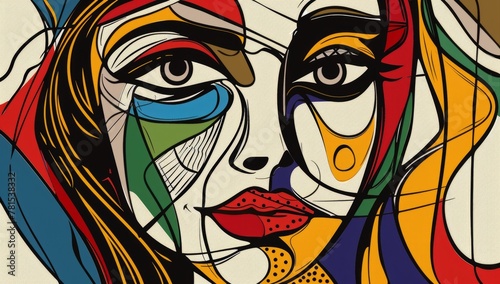 Abstract colorful line art drawing of a woman's face Generative AI