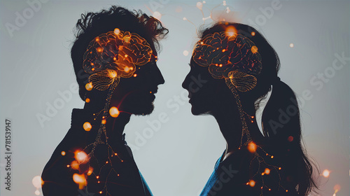 neurons of the brain of a man and a woman, whose silhouettes stand opposite each other
