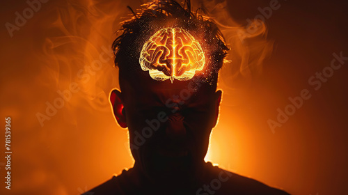 brain neurons in the head of an angry aggressive man photo