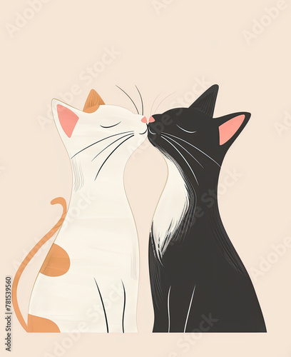 greeting card featuring two cats kissing, minimalist style, illustration, cute, kawai