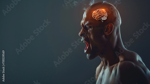 neurons of the brain in the head of an irritated aggressive person, a portrait of a black man in profile.