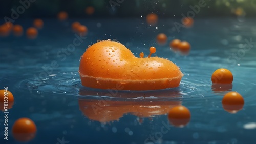 /imagine prompt: A digital illustration of a heart-shaped float holding an orange atop still water, dotted with droplets. Inspired by the vibrant and playful illustrations of Oamul Lu. The scene featu photo