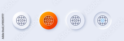 Global insurance line icon. Neumorphic, Orange gradient, 3d pin buttons. Travel risk coverage sign. Policyholder protection symbol. Line icons. Neumorphic buttons with outline signs. Vector