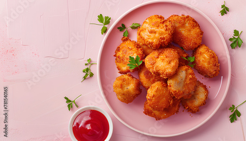 Plate of tasty nuggets on pink tile background